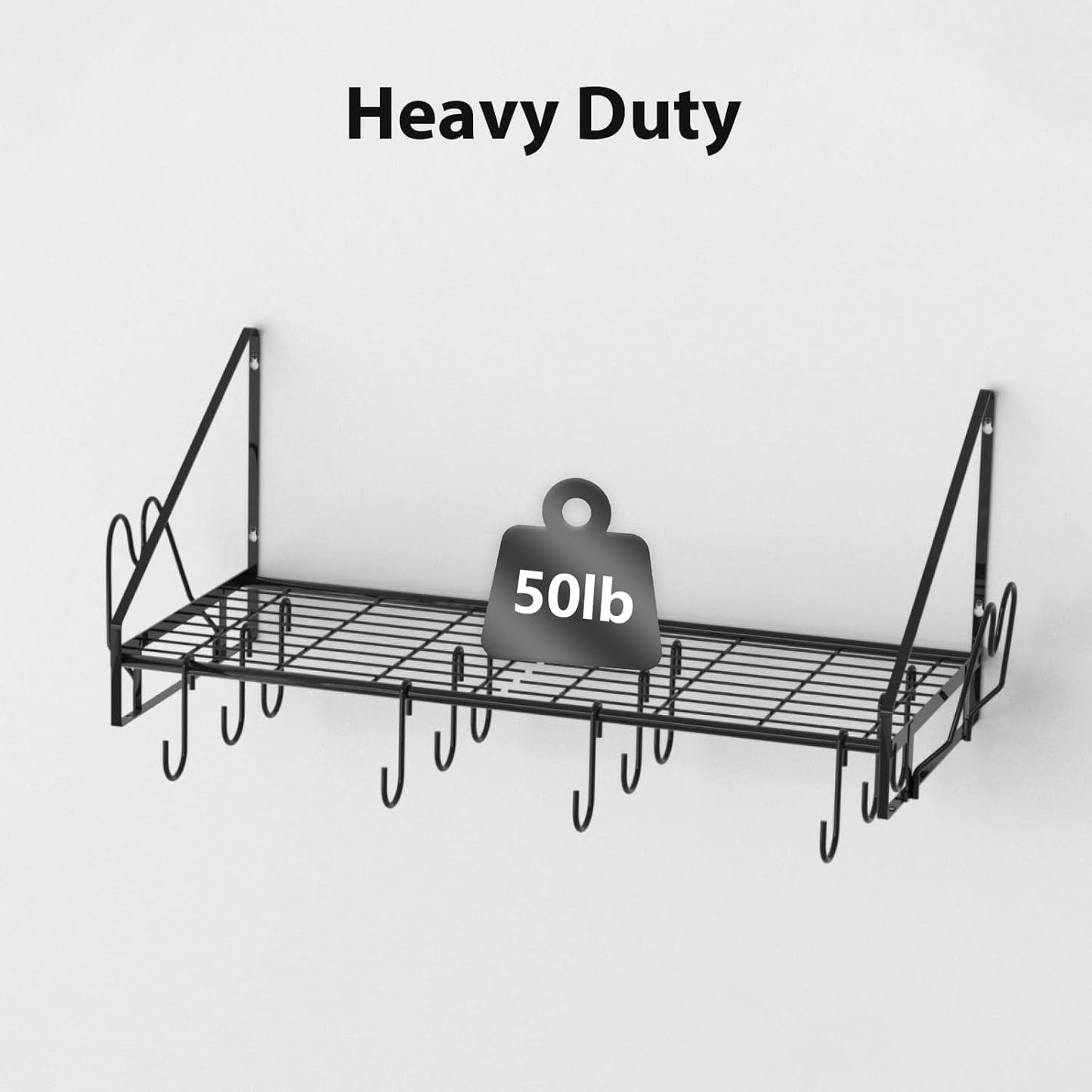 VyGrow 35 Inch Pot Rack Wall Mounted, 2 Tier Pots and Pans Organizer with 20 Hooks and 6 Pot Lid Holders, Heavy Duty Steel Pot and Pan Hanger for Kitchen Cookware Utensils Storage 34.7" Lx13 Wx26.4 H