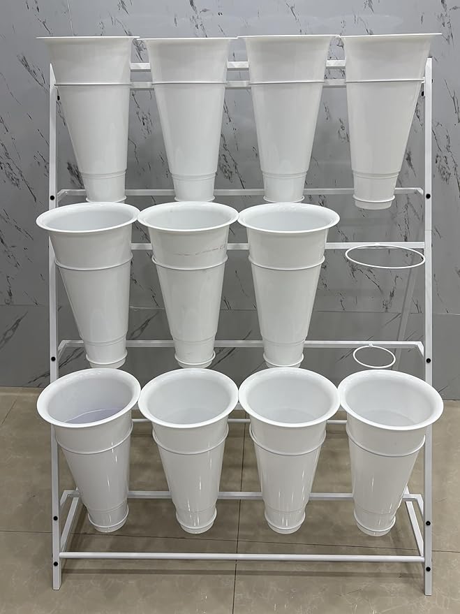 NEYCIL Flower Stand, 3 Tier Flower Display Stand with 12 Buckets, Upgrade Double Circle No Shaking, Outdoor Flower Cart with Wheels for Home, Patio, Garden, Shop, Wedding, Party, Exhibition, Indoor, White