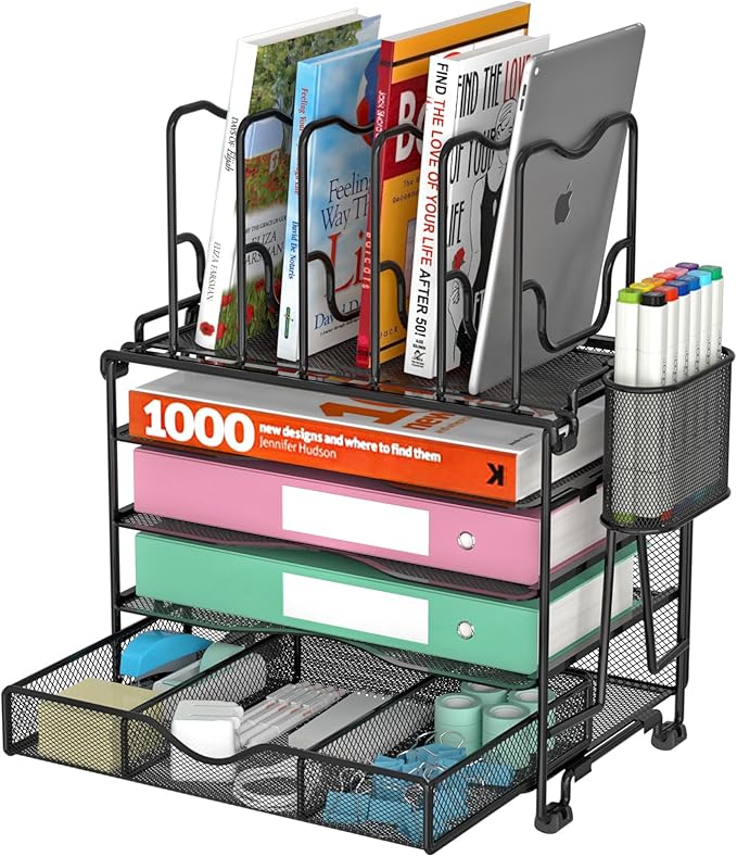 BOHDK Mesh Desk Organizer, 3-IN-1 Desktop Organizer with 4 Tier Tray and 5 Upright Sections, File Organizer for Desk with Sliding Drawer, Black