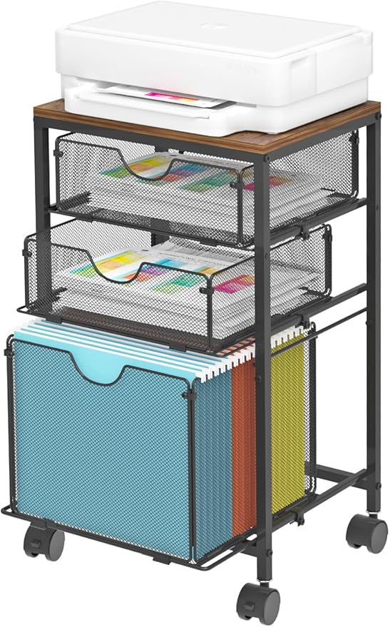 BOHDK Rolling File Cart with 3 Storage Drawers, Wood & Mesh Hanging File Folder Organizer with Wheels Under Desk, File Cabinets for Home Office, 11.81" D x 14.8" W x 25.39" H, Black