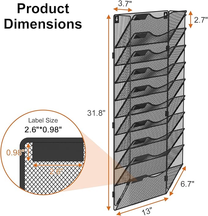 BOHDK 10 Pocket Mesh Hanging Wall File Organizer, Wall Mounted Mail Paper Document Folder Holder, Foldable File Folder Organizer with Label Panel | 2 Hooks | Office Home School Organizer, Black