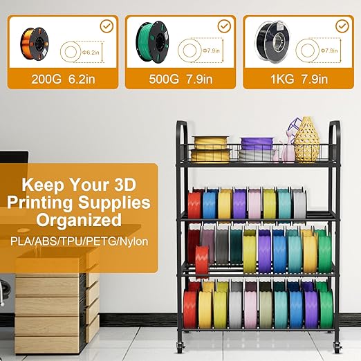 NEYCIL 3D Printer Filament Storage Rack, 4 Tier Filament Spool Holder, Metal Filament Organizer with Wheels for PLA/ABS/TPU/PETG/Nylon, Heavy Duty Storage Shelves for 3D Printing Studio Office Workshop