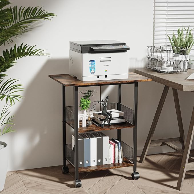 BOHDK Printer Stand, 3-Tier Industrial Large Printer Table with Shelf, 23"x15" Mobile Heavy Duty Storage Rack on Wheels for Home Office Printer Fax Machine Scanner Copier