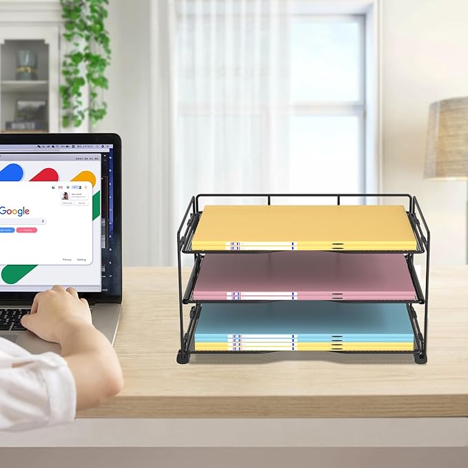 BOHDK Office Organization - 3 Tier Paper Organizer Letter Tray - Mesh Desk File Organizer - Paper Sorter Desk Stand for Letter/A4 Office File Folder Holder - Black