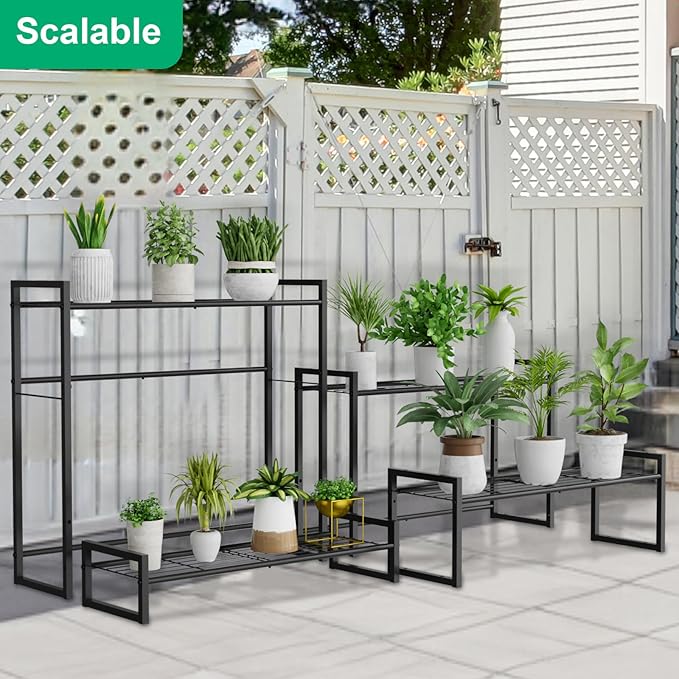 VyGrow Plant Stand, 4 Tier Stackable Tiered Plant Stand, Scalable Heavy Duty Tall Plant Shelf for Indoor Outdoor, Garden, Display Shelves, Flower Pot Holder, Blacken, Display Shelves, Flower Pot Holder, Black