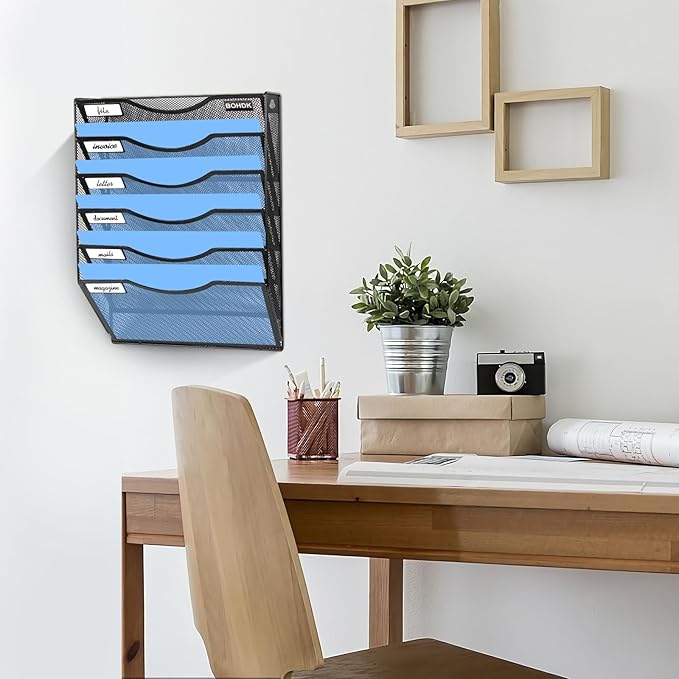 BOHDK Wall File Organizer, 6 Tier Hanging File Folder Mail Organizer, Vertical Mesh Metal Wall Mount Hanging File Holder, Paper Document Magazine Rack for Home Office Black