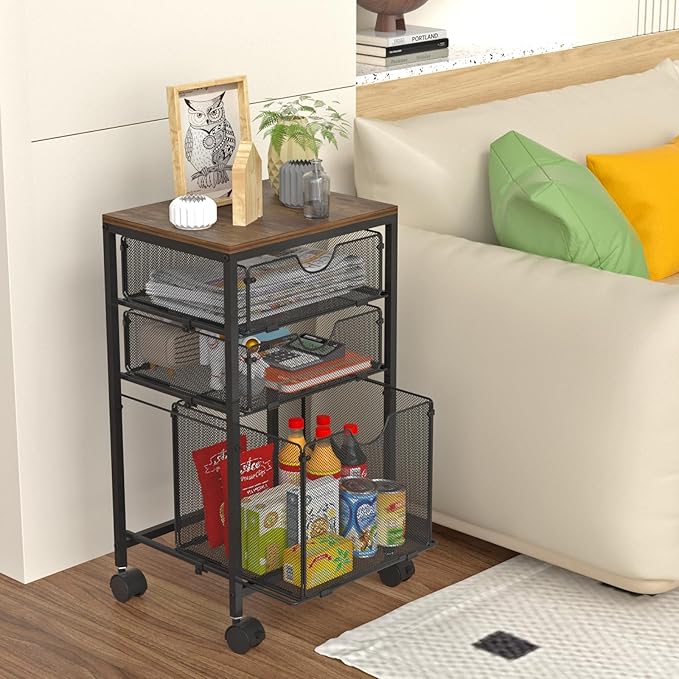 BOHDK Rolling File Cart with 3 Storage Drawers, Wood & Mesh Hanging File Folder Organizer with Wheels Under Desk, File Cabinets for Home Office, 11.81" D x 14.8" W x 25.39" H, Black