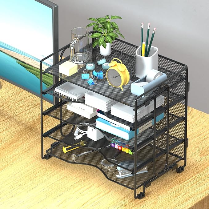 BOHDK Letter Tray Paper Organizer, 5 Tier Desk Organizers Black Mesh Stackable Paper File Holder for Home Office, Document Shelves and Sorter 13.4Lx9Wx12.6H inches