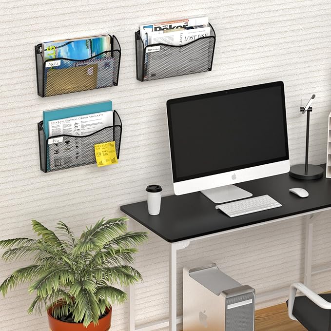 BOHDK Wall File Organizer, Mesh Hanging File Organizer, Home Office Organization and Storage, 6 Single Pockets Document Magazine Rack
