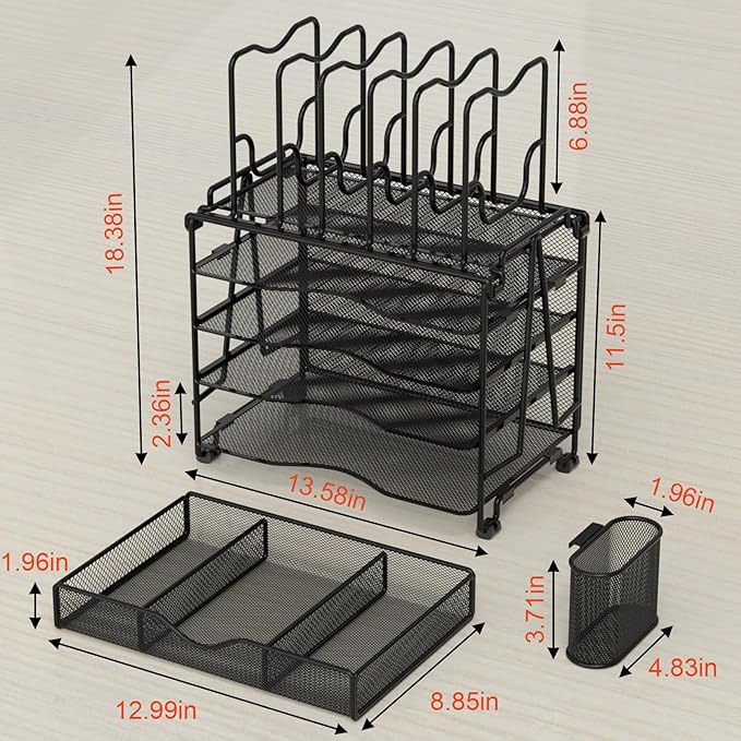BOHDK Mesh Desk Organizer, 3-IN-1 Desktop Organizer with 4 Tier Tray and 5 Upright Sections, File Organizer for Desk with Sliding Drawer, Black