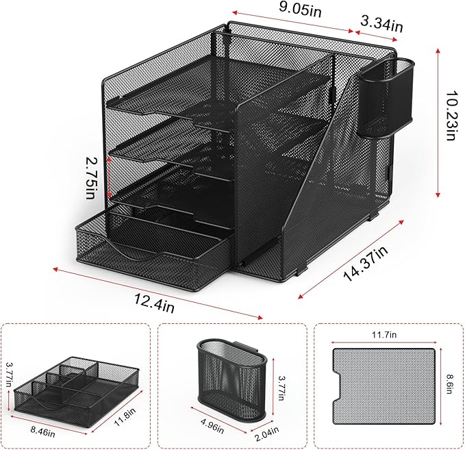 BOHDK Desk Organizer with Hanging File Holder, Paper Letter Tray Organizer with Drawer and Pen Holder, Mesh Desktop Organizer and Storage for Office Supplies(Black)