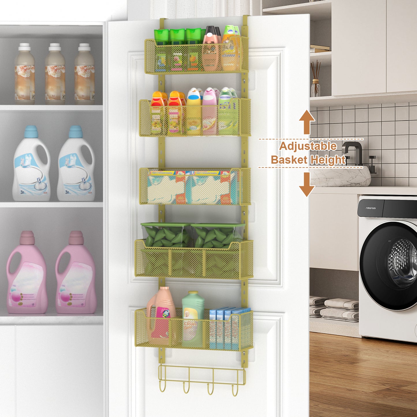 VyGrow Over The Door Organizer, Metal Door Organizer Hanging with 5 Adjustable Baskets and Coat Hook, Behind The Door Storage for Bedroom Closet Bathroom Pantry Cabinet Kitchen, Pink