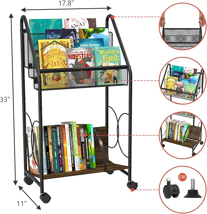 BOHDK Bookshelf, 4-Tier Metal & Wood Rolling Book Cart on Wheels, Record Cabinet for Book Magazine Turntable, Record Holder Up to 100 Albums, Multifunction Utility Cart, Black