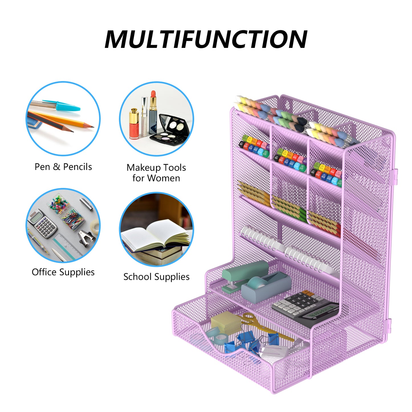 Pen Organizer for Desk, Multi-Functional Desk Organizer, Wall Mount Pen Holder with Drawer for School, Office, Home, Art Supplies, Black