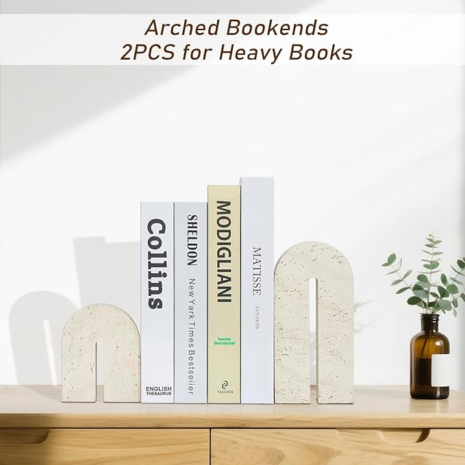 Book Ends for Shelves, Heavy Duty Decorative Bookends, Retro Arch Book Holder for Heavy Books, Imitation Travertine Book Stopper for Home Decor, Study, Bookshelf, Desktop, Set of Two