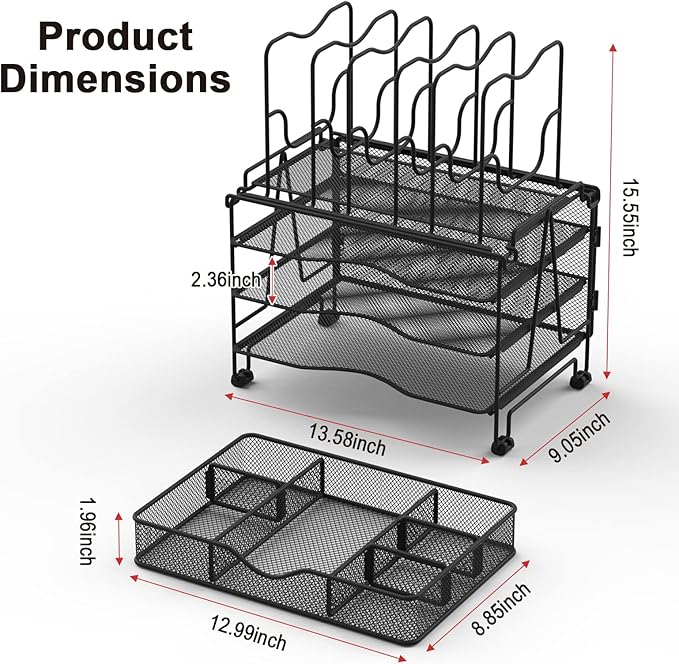 BOHDK Mesh Desk Organizer, 3-in-1 Desktop Organizer with 3 Tier Tray and 5 Upright Sections, File Organizer for Desk with Sliding Drawer, Black