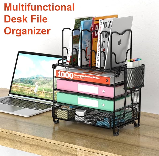 BOHDK Mesh Desk Organizer, 3-IN-1 Desktop Organizer with 4 Tier Tray and 5 Upright Sections, File Organizer for Desk with Sliding Drawer, Black