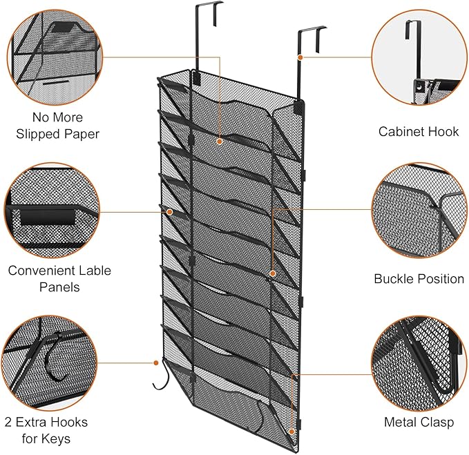 BOHDK 10 Pocket Mesh Hanging Wall File Organizer, Wall Mounted Mail Paper Document Folder Holder, Foldable File Folder Organizer with Label Panel | 2 Hooks | Office Home School Organizer, Black