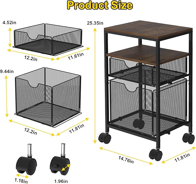 BOHDK Rolling File Cart with 2 Storage Drawers, Wood & Mesh Hanging File Folder Organizer with Wheels Under Desk, File Cabinets for Home Office, 14.7" L x 11.8" D x 25.3" H