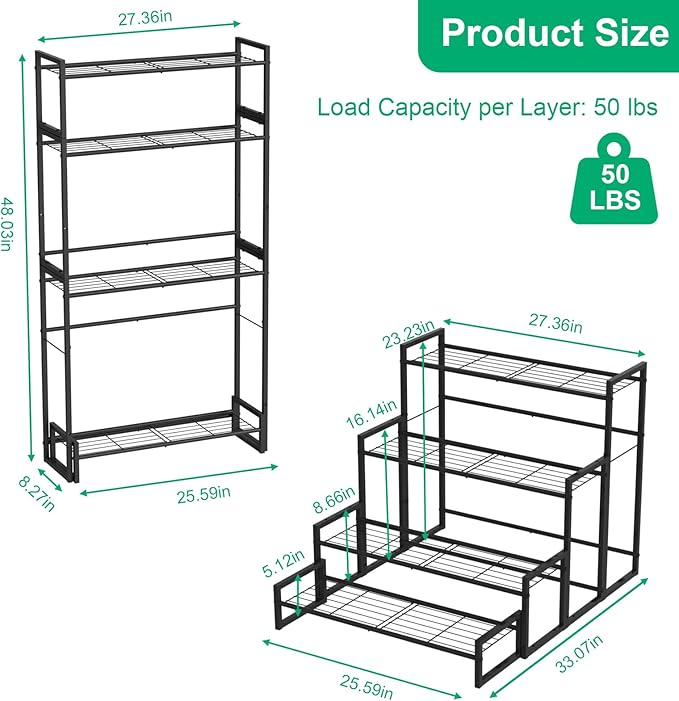VyGrow Plant Stand, 4 Tier Stackable Tiered Plant Stand, Scalable Heavy Duty Tall Plant Shelf for Indoor Outdoor, Garden, Display Shelves, Flower Pot Holder, Blacken, Display Shelves, Flower Pot Holder, Black