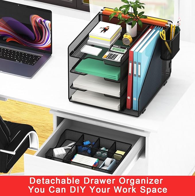 BOHDK Desk Organizer with Hanging File Holder, Paper Letter Tray Organizer with Drawer and Pen Holder, Mesh Desktop Organizer and Storage for Office Supplies(Black)