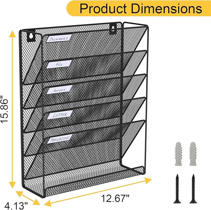 BOHDK Hanging Folder Organizer Mesh 6 Tier, Wall File Organizer Hanging Paper Organizer, Wall Mount Mail Storage, Office Organization and Storage Rack for Home Office, Black