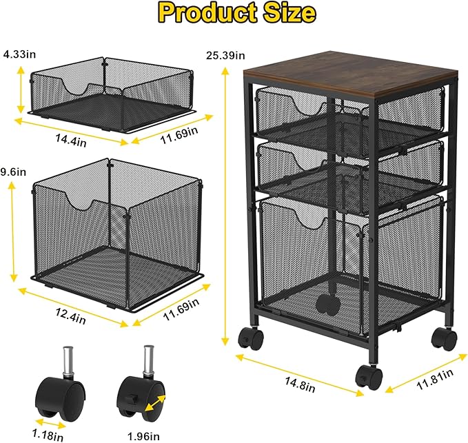 BOHDK Rolling File Cart with 3 Storage Drawers, Wood & Mesh Hanging File Folder Organizer with Wheels Under Desk, File Cabinets for Home Office, 11.81" D x 14.8" W x 25.39" H, Black