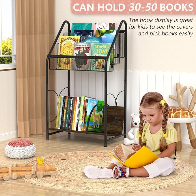 BOHDK Bookshelf, 4-Tier Metal & Wood Rolling Book Cart on Wheels, Record Cabinet for Book Magazine Turntable, Record Holder Up to 100 Albums, Multifunction Utility Cart, Black