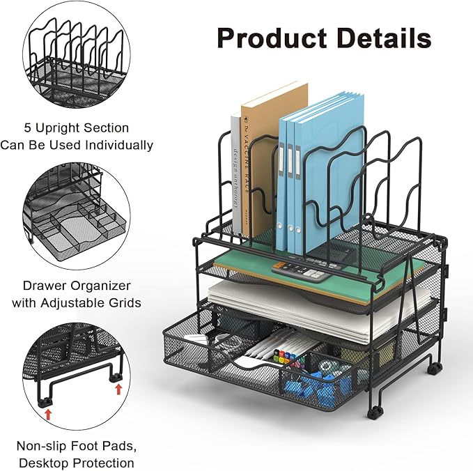 BOHDK Mesh Desk Organizer, 3-in-1 Desktop Organizer with 3 Tier Tray and 5 Upright Sections, File Organizer for Desk with Sliding Drawer, Black