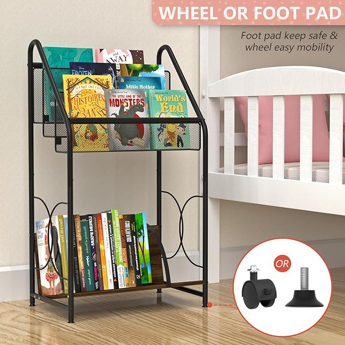 BOHDK Bookshelf, 4-Tier Metal & Wood Rolling Book Cart on Wheels, Record Cabinet for Book Magazine Turntable, Record Holder Up to 100 Albums, Multifunction Utility Cart, Black