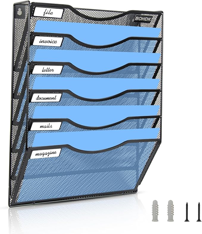 BOHDK Wall File Organizer, 6 Tier Hanging File Folder Mail Organizer, Vertical Mesh Metal Wall Mount Hanging File Holder, Paper Document Magazine Rack for Home Office Black