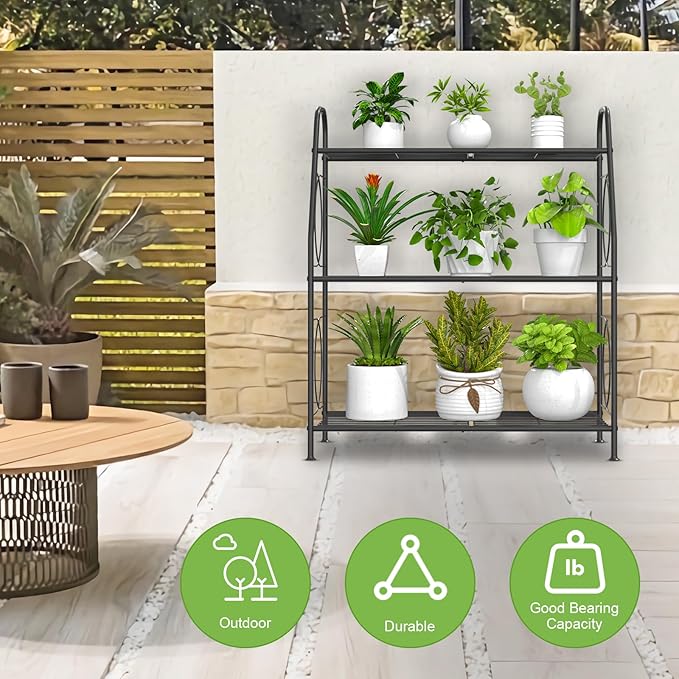 VyGrow Plant Stand, 3 Tier Plant Shelf for Indoor Outdoor, Heavy Duty Metal Outdoor Plant Stand Holder Rack for Living Room Balcony and Garden, Iron Wire, Black