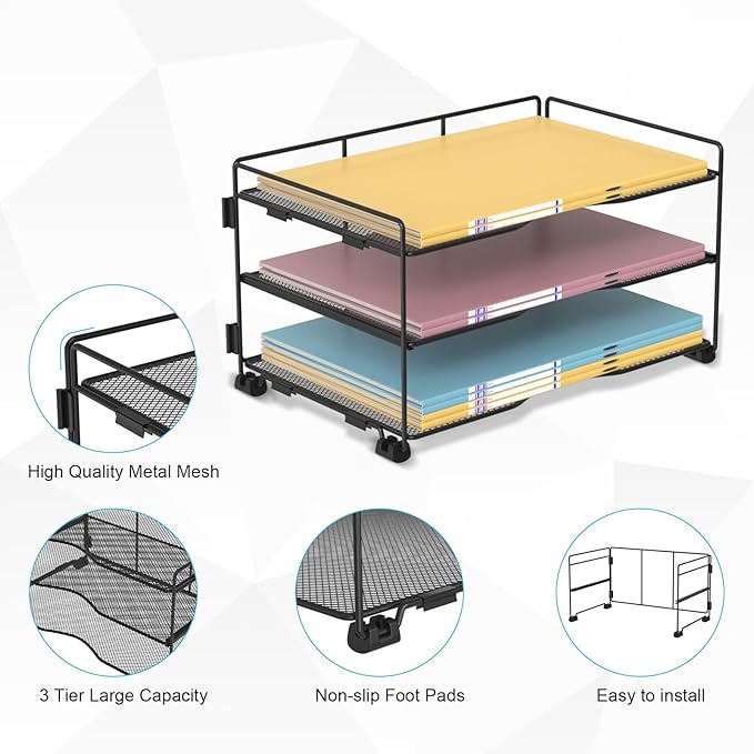 BOHDK Office Organization - 3 Tier Paper Organizer Letter Tray - Mesh Desk File Organizer - Paper Sorter Desk Stand for Letter/A4 Office File Folder Holder - Black
