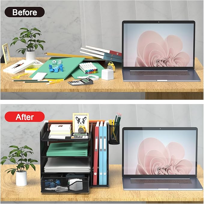 BOHDK Desk Organizer with Hanging File Holder, Paper Letter Tray Organizer with Drawer and Pen Holder, Mesh Desktop Organizer and Storage for Office Supplies(Black)