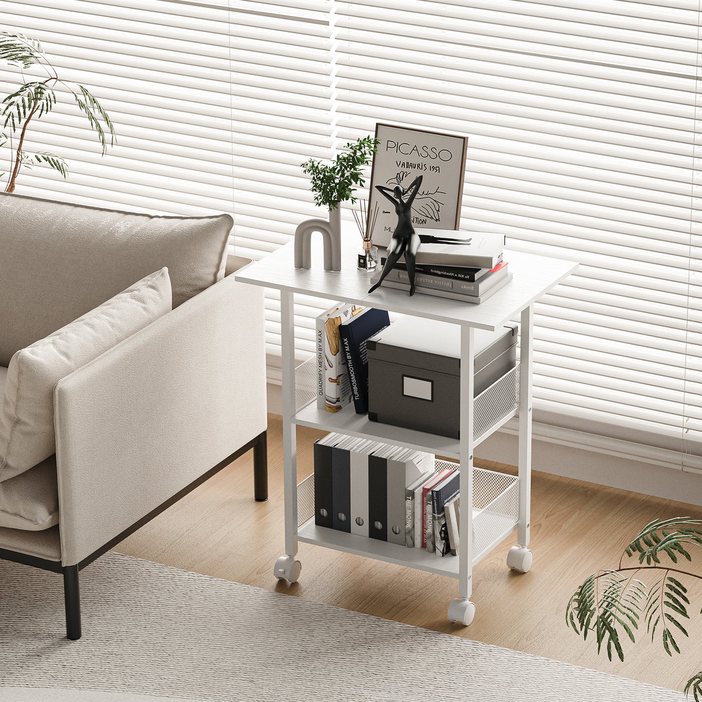 Printer Stand, 3-Tier Industrial Large Printer Table with Shelf, 23"x15" Mobile Heavy Duty Storage Rack on Wheels for Home Office Printer Fax Machine Scanner Copier, White