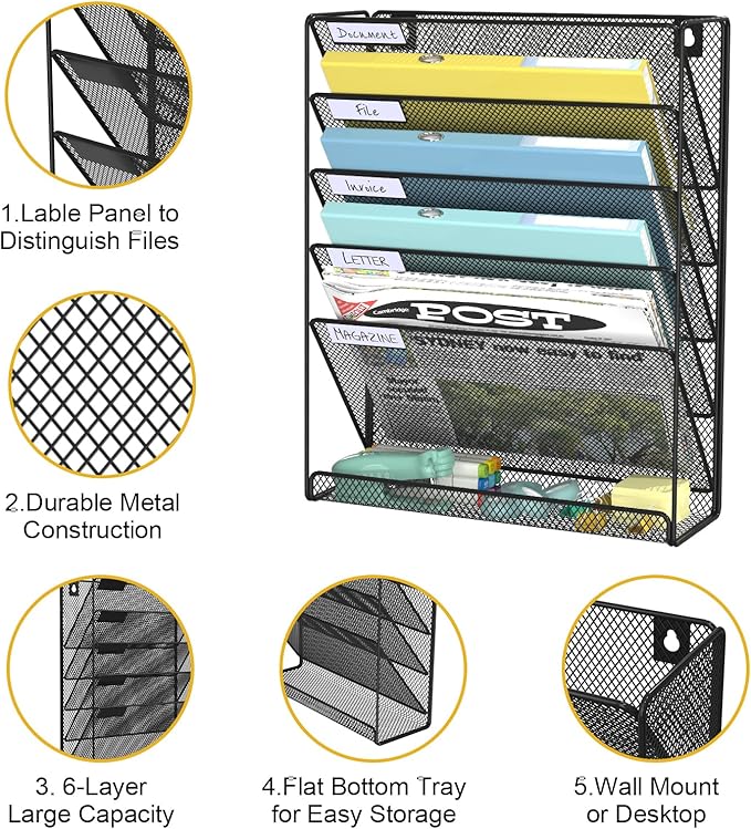 BOHDK Hanging Folder Organizer Mesh 6 Tier, Wall File Organizer Hanging Paper Organizer, Wall Mount Mail Storage, Office Organization and Storage Rack for Home Office, Black