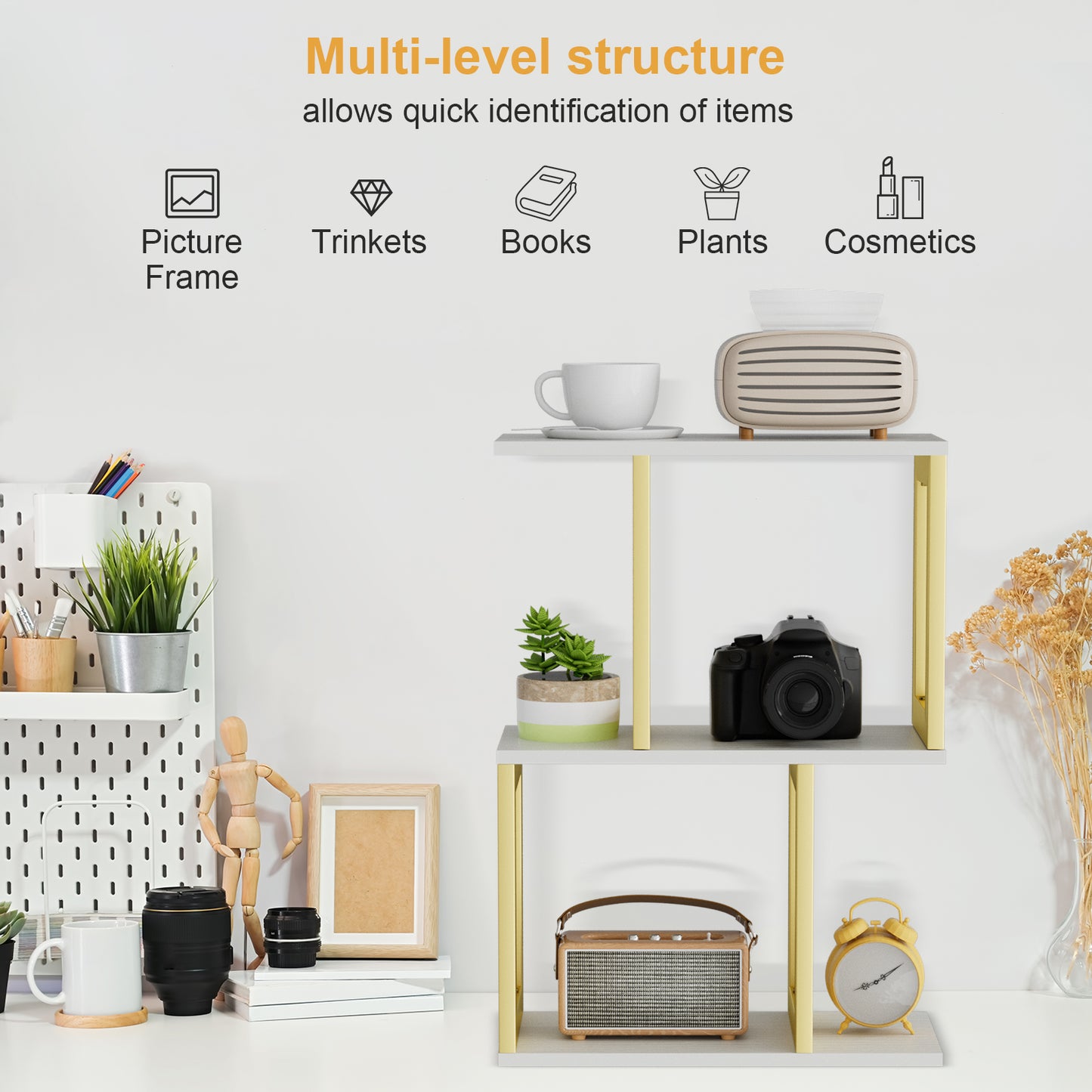 Book Shelf, 3-Tier Small Bookshelf for Desk Organizer Corner Bookshelf Table Top Shelving, White & Gold Decor Aesthetic Desk Hutch for Office Home Dorm