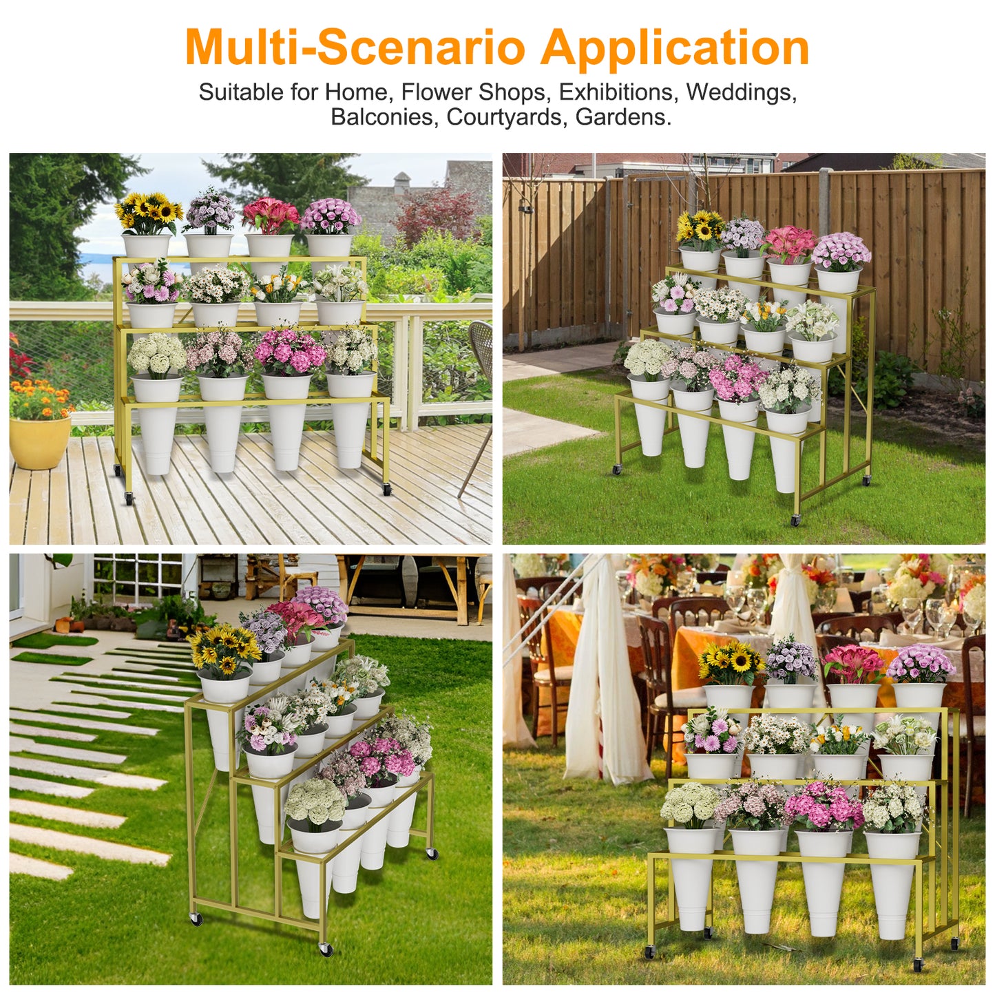 Flower Stand, 3-Tier Flower Display Stand with Buckets for Indoor Outdoor, Flower Cart Display Stand with Wheels for Courtyard, Balcony, Flower Shop, Wedding, Party, Exhibition (Gold)