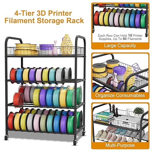 NEYCIL 3D Printer Filament Storage Rack, 4 Tier Filament Spool Holder, Metal Filament Organizer with Wheels for PLA/ABS/TPU/PETG/Nylon, Heavy Duty Storage Shelves for 3D Printing Studio Office Workshop