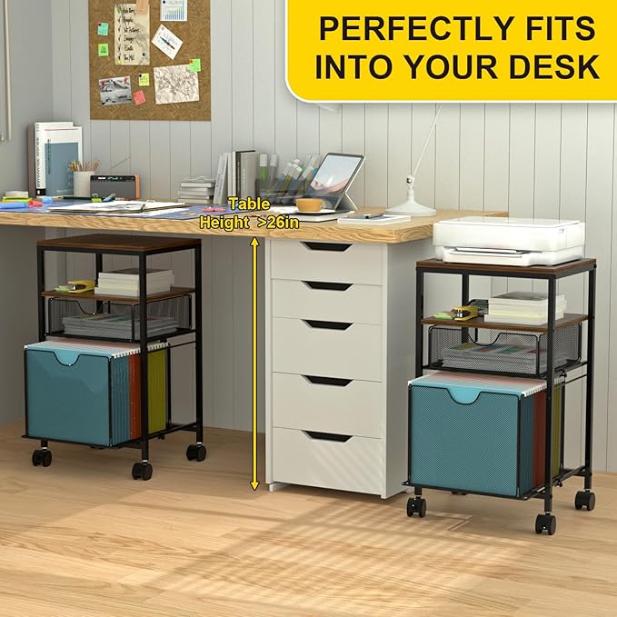 BOHDK Rolling File Cart with 2 Storage Drawers, Wood & Mesh Hanging File Folder Organizer with Wheels Under Desk, File Cabinets for Home Office, 14.7" L x 11.8" D x 25.3" H