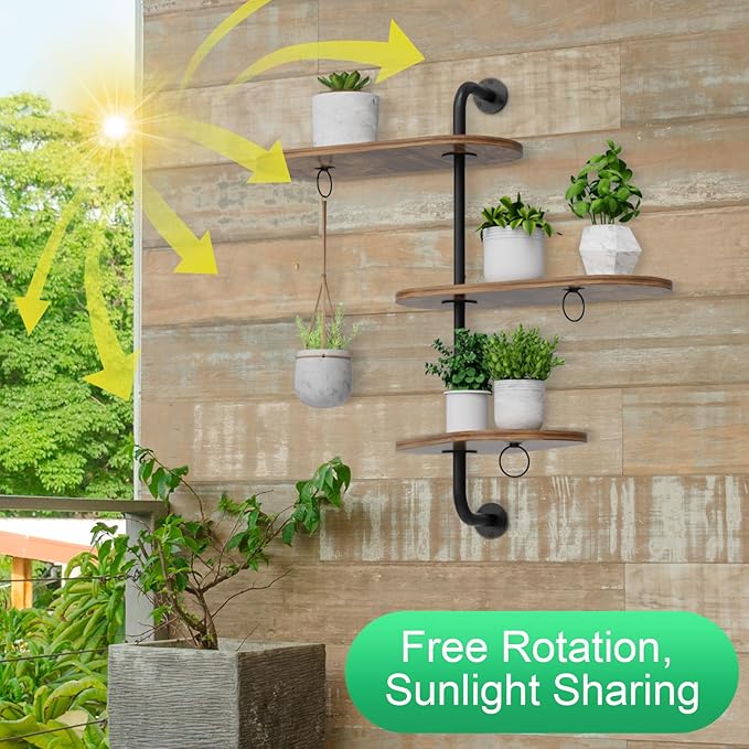 VyGrow Rotating Window Plant Shelves with 3 Anti-slip Mats, 3 Tier Plant Stand Indoor Outdoor, Wooden Window Plant Shelf with 3 Circle Hook, Hanging Plant Holder for Window, Potted Plants, Flowerpots
