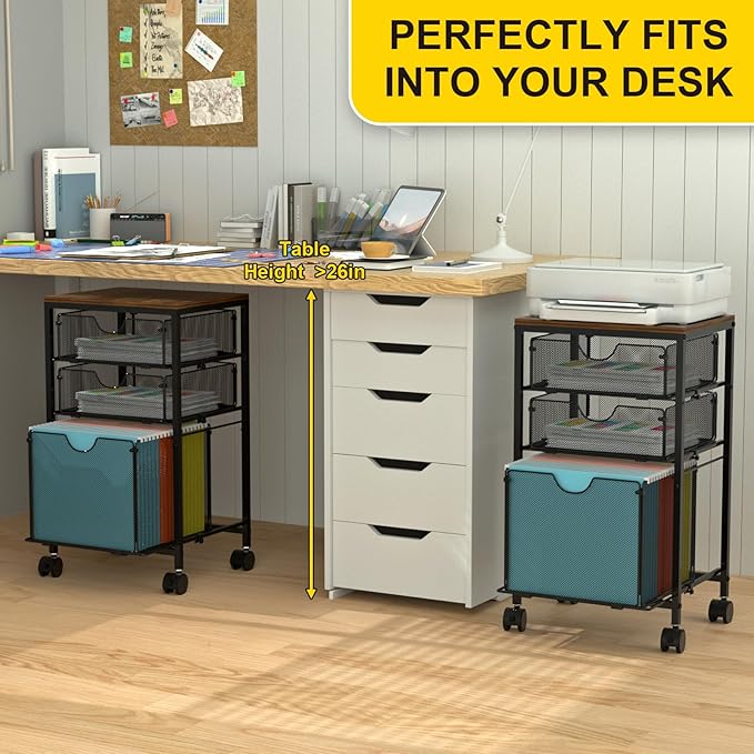 BOHDK Rolling File Cart with 3 Storage Drawers, Wood & Mesh Hanging File Folder Organizer with Wheels Under Desk, File Cabinets for Home Office, 11.81" D x 14.8" W x 25.39" H, Black