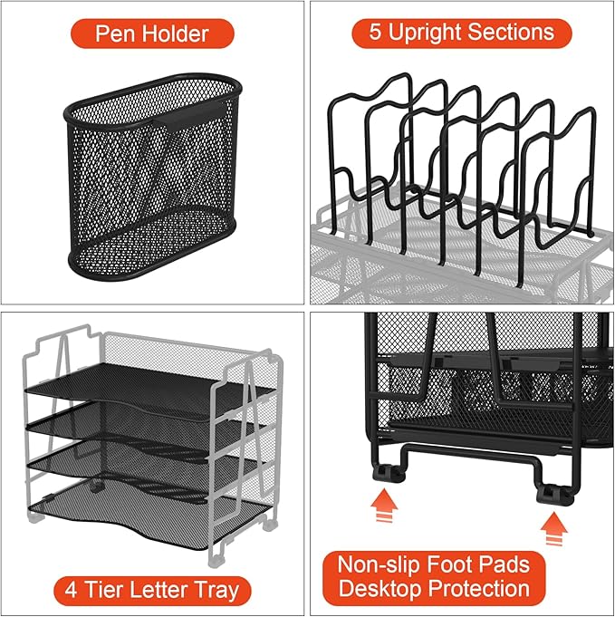 BOHDK Mesh Desk Organizer, 3-IN-1 Desktop Organizer with 4 Tier Tray and 5 Upright Sections, File Organizer for Desk with Sliding Drawer, Black