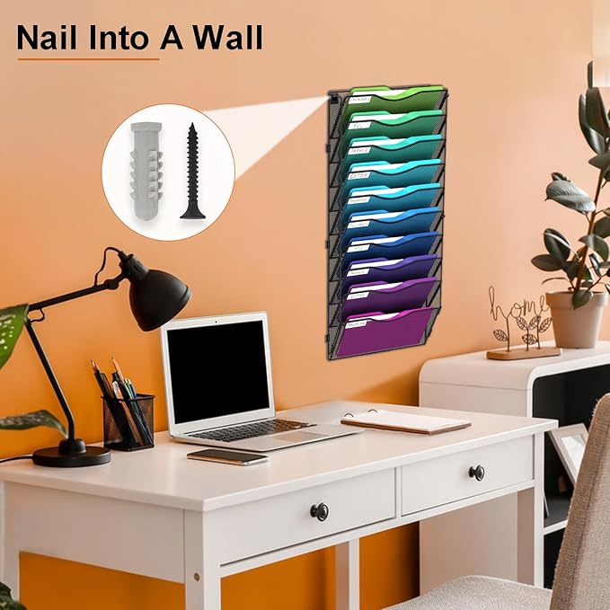 BOHDK 10 Pocket Mesh Hanging Wall File Organizer, Wall Mounted Mail Paper Document Folder Holder, Foldable File Folder Organizer with Label Panel | 2 Hooks | Office Home School Organizer, Black