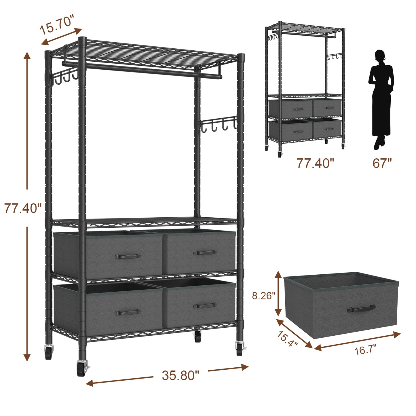VyGrow Clothes Rack, Heavy Duty Clothing Rack for Hanging Clothes, 4-Tier Adjustable Closet Organizer with 4 Drawers | Hanging Rod | Side Hooks | Load 445lbs | 15.7" D x 35.4" W x 74.1" H