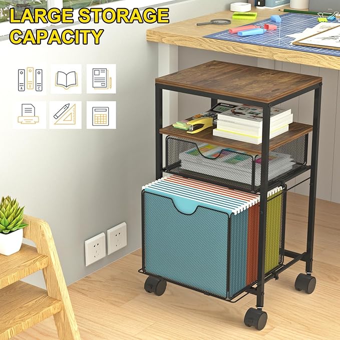 BOHDK Rolling File Cart with 2 Storage Drawers, Wood & Mesh Hanging File Folder Organizer with Wheels Under Desk, File Cabinets for Home Office, 14.7" L x 11.8" D x 25.3" H