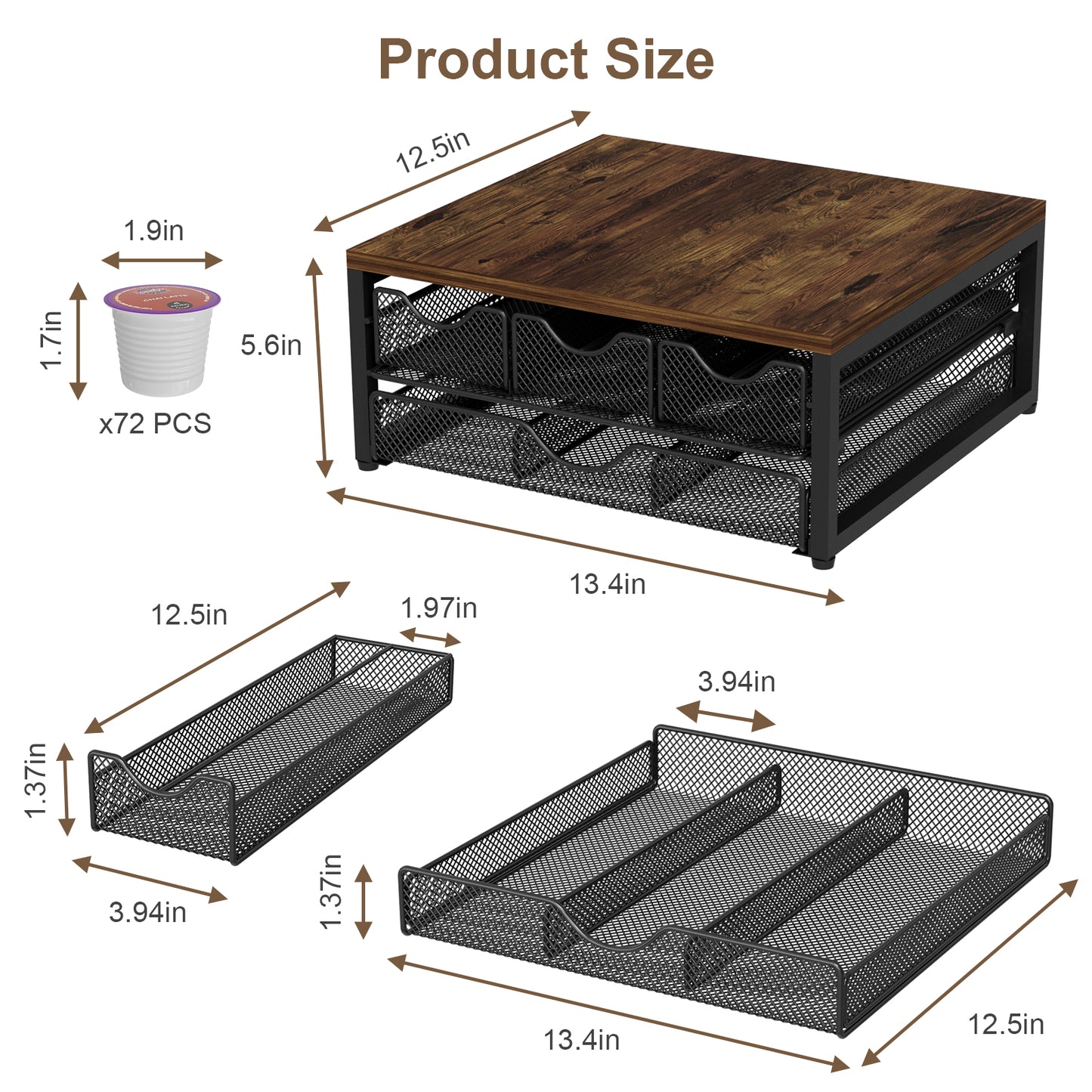 Coffee Pod Holder For Counter, 3 Pull-Out 72 K-Cup Holder Drawer, Wooden Cafe Pods Storage Organizer with Sliding Drawers for Coffee Station, Home, Kitchen, Office, Dorm (Antique Finish)