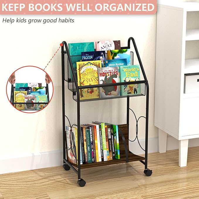 BOHDK Bookshelf, 4-Tier Metal & Wood Rolling Book Cart on Wheels, Record Cabinet for Book Magazine Turntable, Record Holder Up to 100 Albums, Multifunction Utility Cart, Black