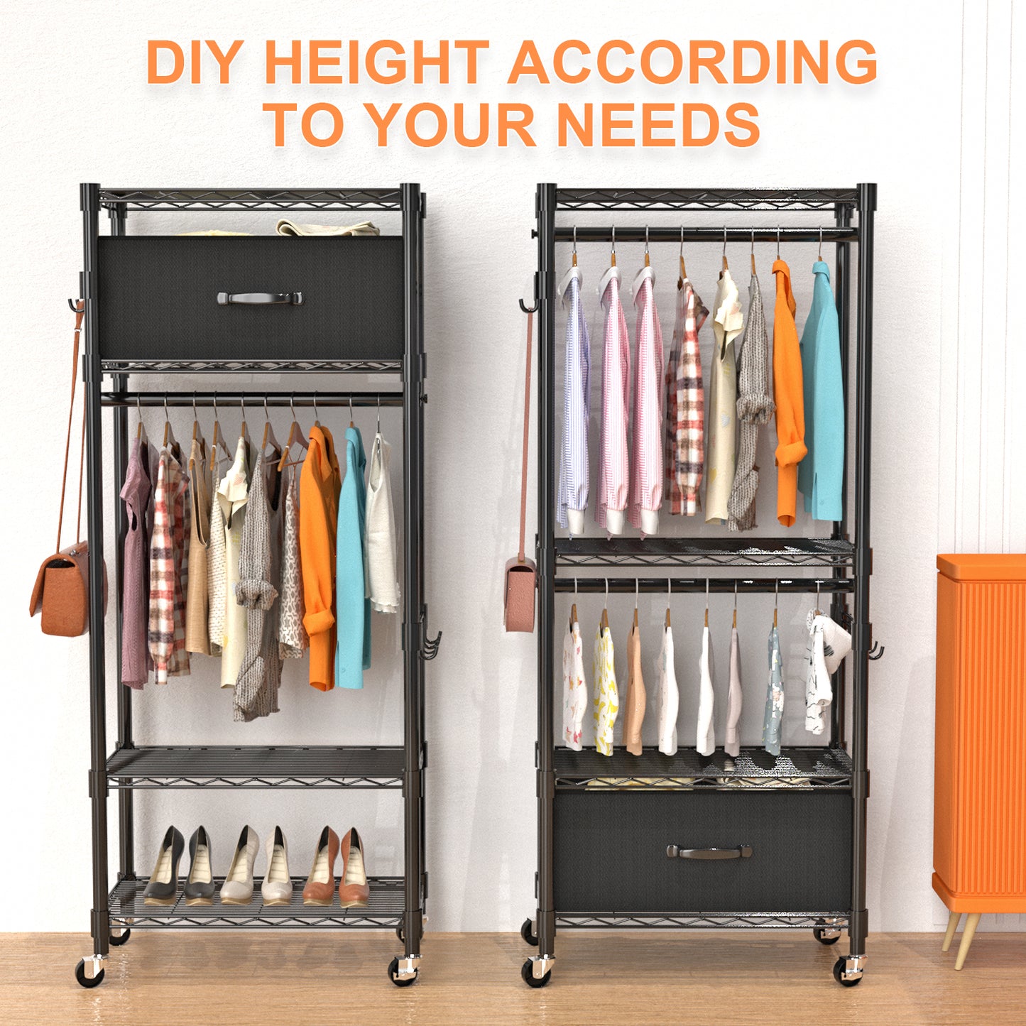 VyGrow Clothes Rack, Clothing Rack for Hanging Clothes, Kids Clothes Rack, 4 Tiers Adjustable Closet Organizer with Drawer | Double Rods | Side Hooks | Load 445lbs | 13.18" D x 23" W x 78.74" H