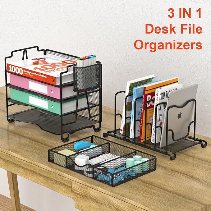 BOHDK Mesh Desk Organizer, 3-IN-1 Desktop Organizer with 4 Tier Tray and 5 Upright Sections, File Organizer for Desk with Sliding Drawer, Black